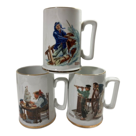 Norman Rockwell Sea Farer Large Coffee Mugs Vintage 1985 Set of 3 - Picture 1 of 9